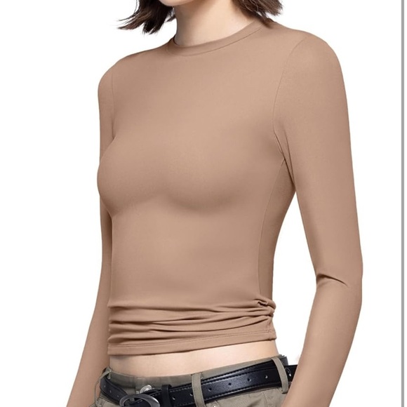 Pumiey Women's Long Sleeve T Shirt Crew Neck Slim Fit Top Basic Tee Nude Brown - Picture 3 of 10